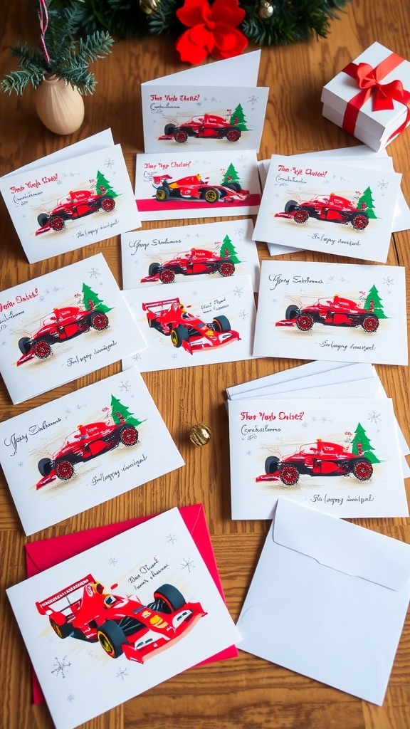 A variety of Formula 1 themed Christmas cards with race cars and festive designs on a wooden table.